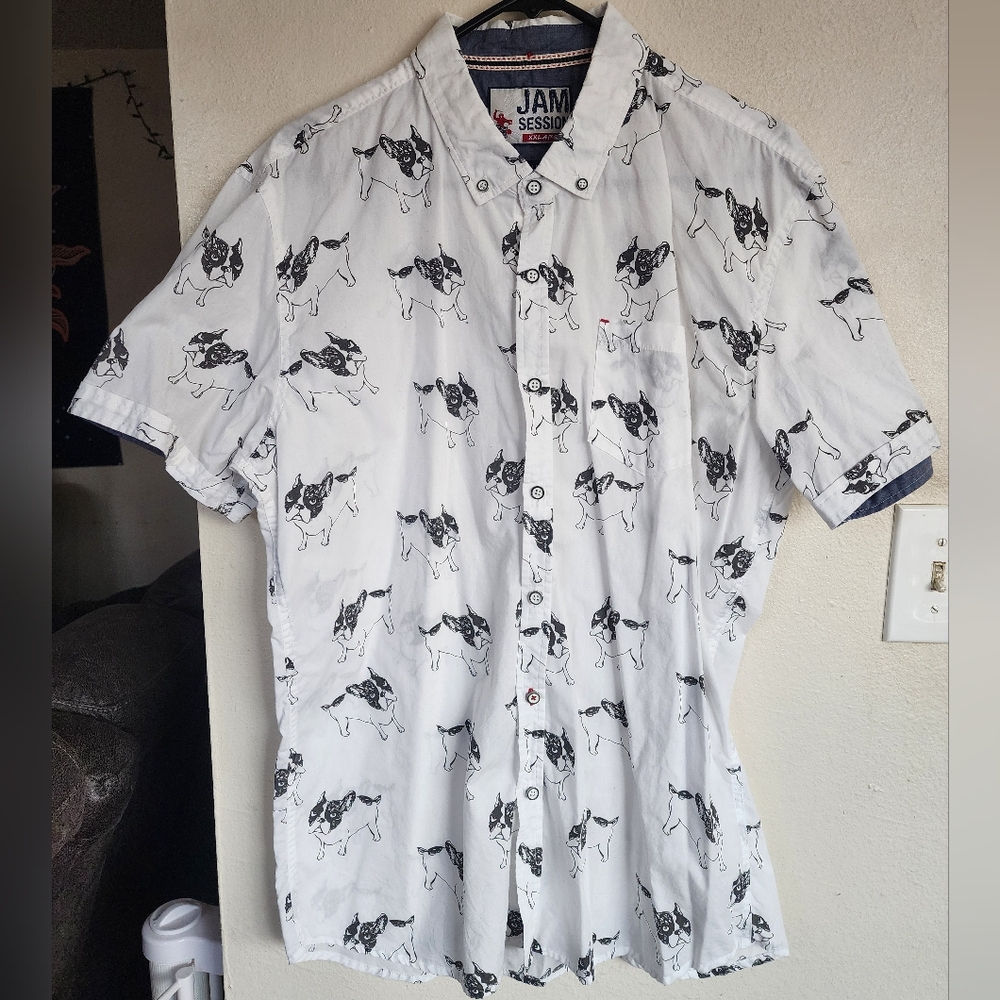 Jam Session Men's Button-down Short-sleeve Black and White Dog Print  Shirt